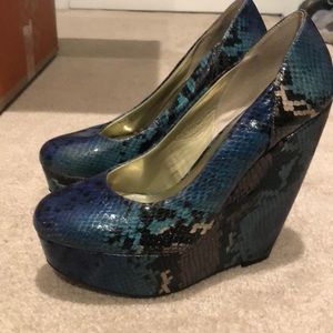 Blue snakeskin wedges